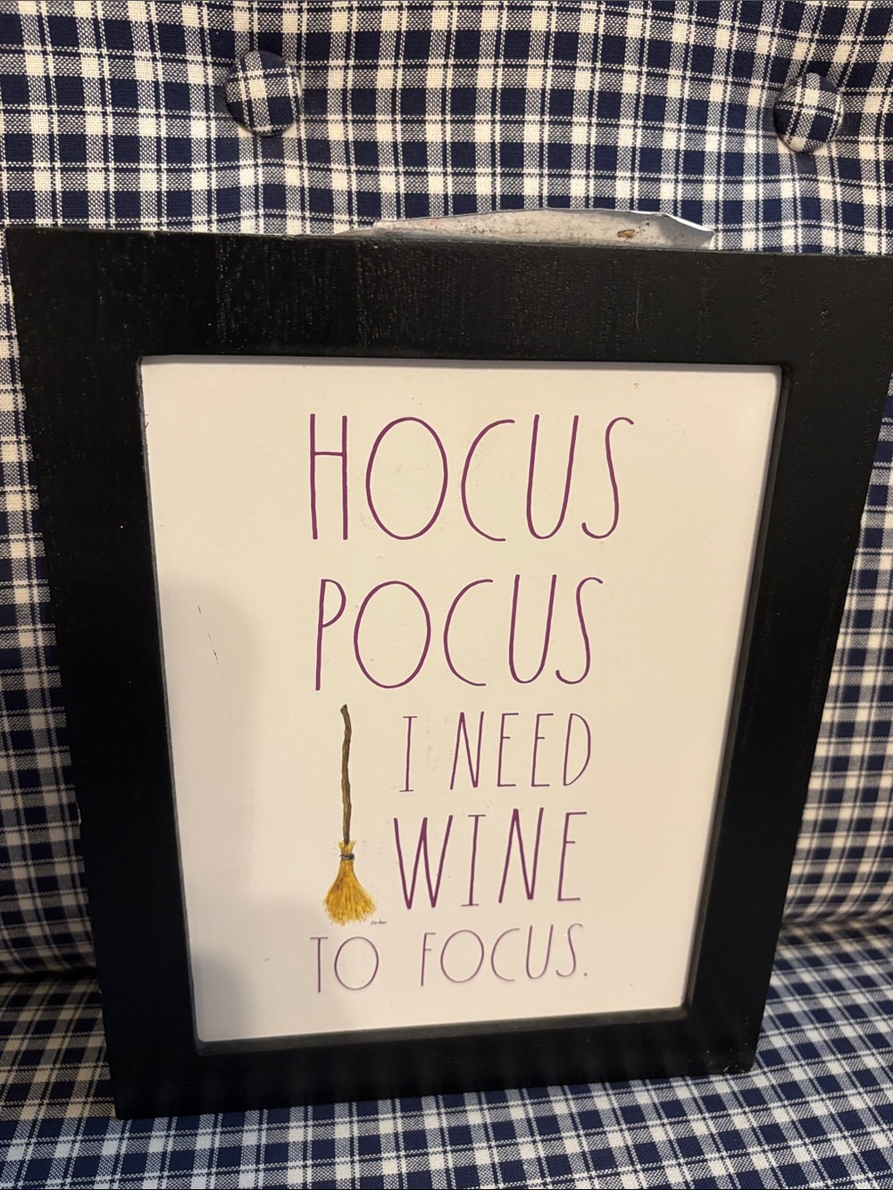 Rae Dunn Black Frame Hocus Pocus Wall Art with Purple Lettering and Gold Broom